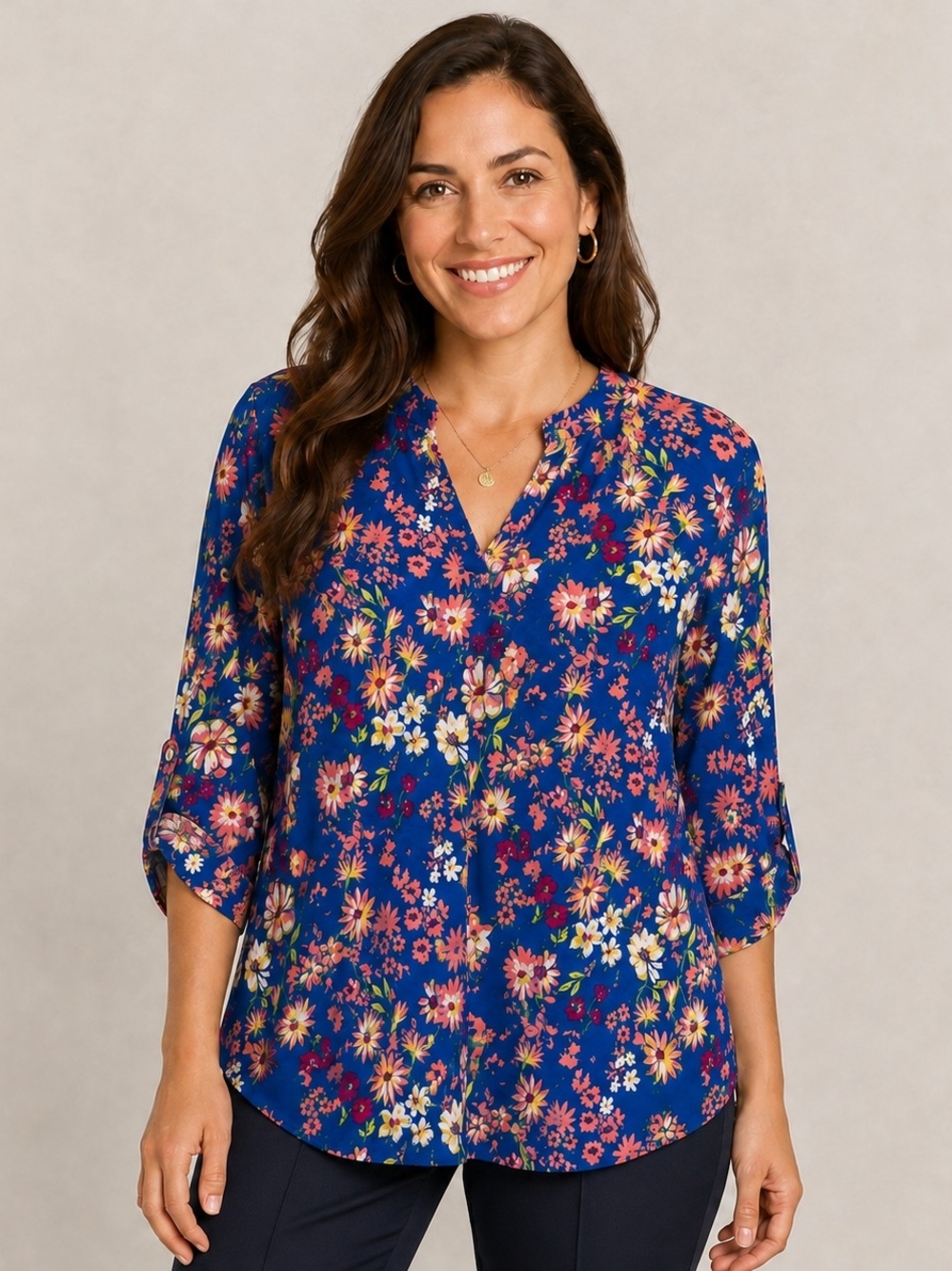 Women's Floral Split-Neck Blouse in Blue